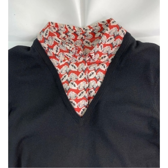 Tory Burch Women Sz M Black Merino Wool V Neck Layered Sweater Floral Silk Shirt - Picture 5 of 9